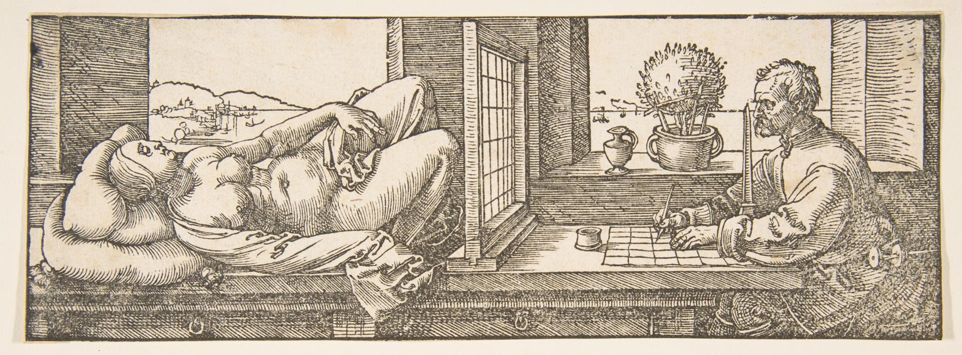Albrecht Dürer — Zeichner, der eine perspektivische Darstellung einer liegenden Frau anfertigt