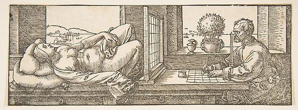 Albrecht Dürer — Zeichner, der eine perspektivische Darstellung einer liegenden Frau anfertigt