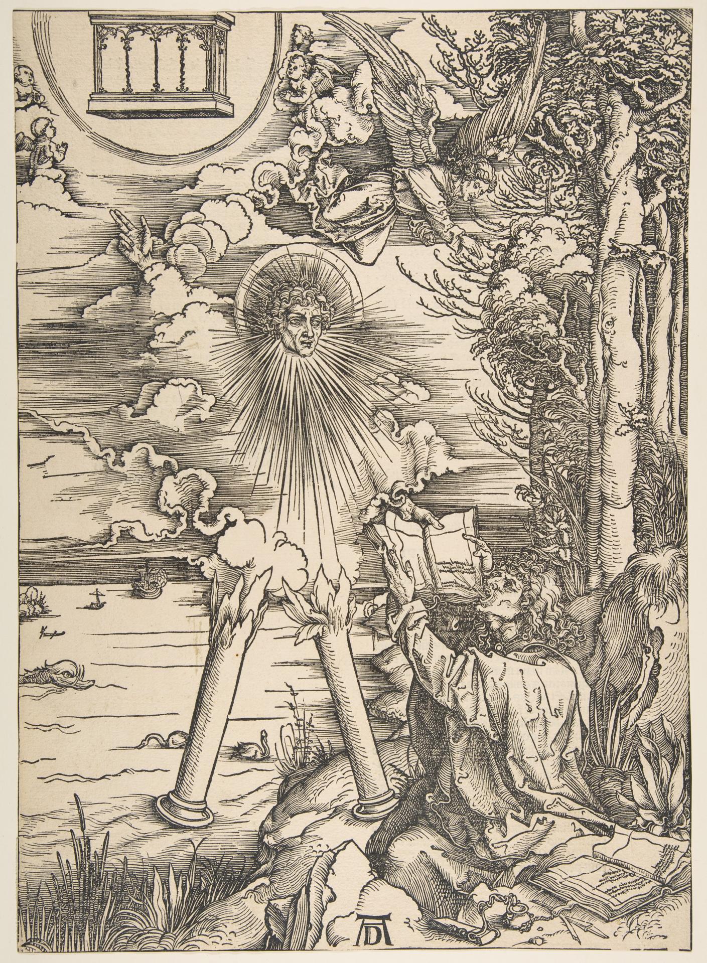 Albrecht Dürer — Der heilige Johannes verschlingt das Buch, aus 'Die Apokalypse', lateinische Ausgabe