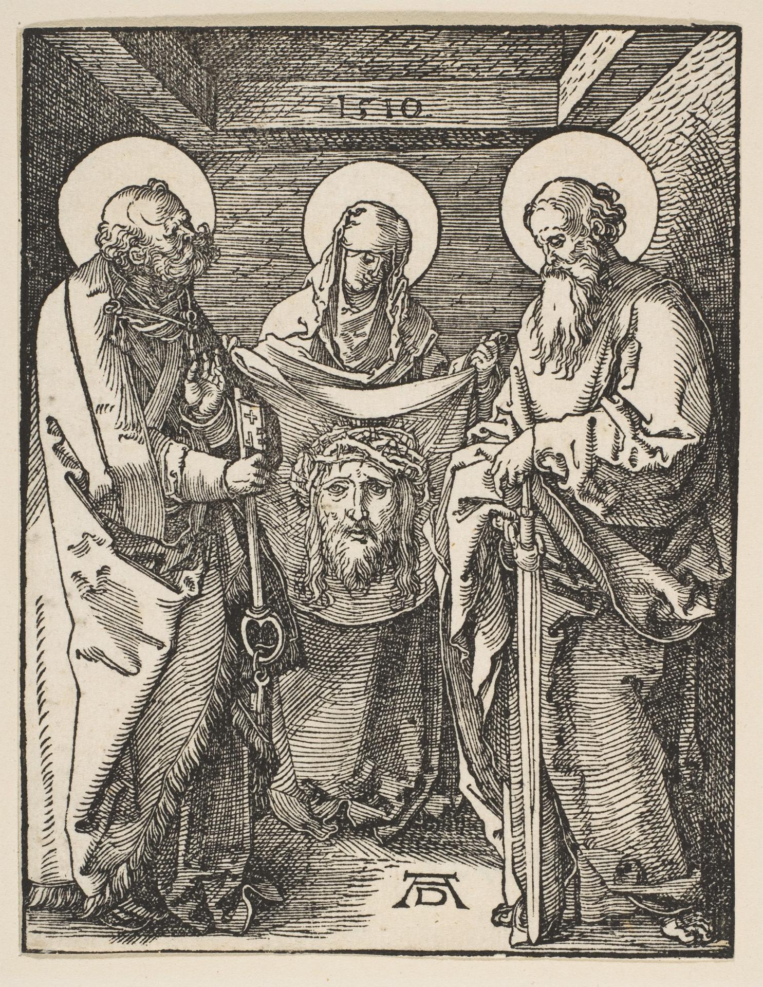 Albrecht Dürer — Die heilige Veronika zwischen Petrus und Paulus, aus 'Die kleine Passion'