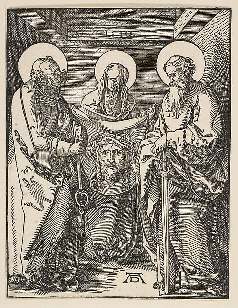 Albrecht Dürer — Die heilige Veronika zwischen Petrus und Paulus, aus 'Die kleine Passion'