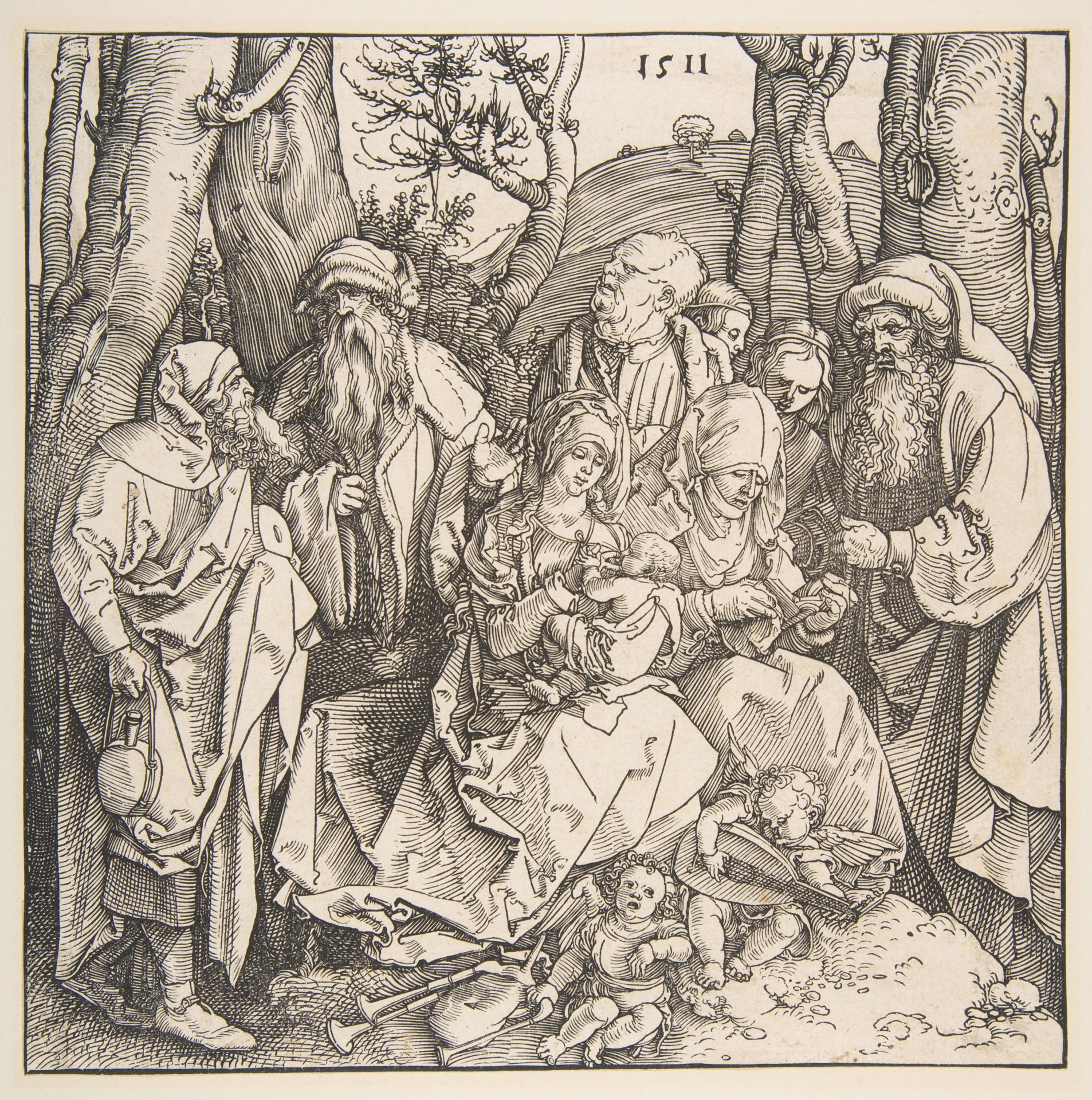 Albrecht Dürer — Die Heilige Familie mit Heiligen und zwei musizierenden Engeln