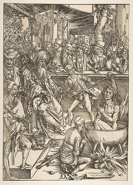 Albrecht Dürer — Das Martyrium des heiligen Johannes, aus "Die Apokalypse", lateinische Ausgabe