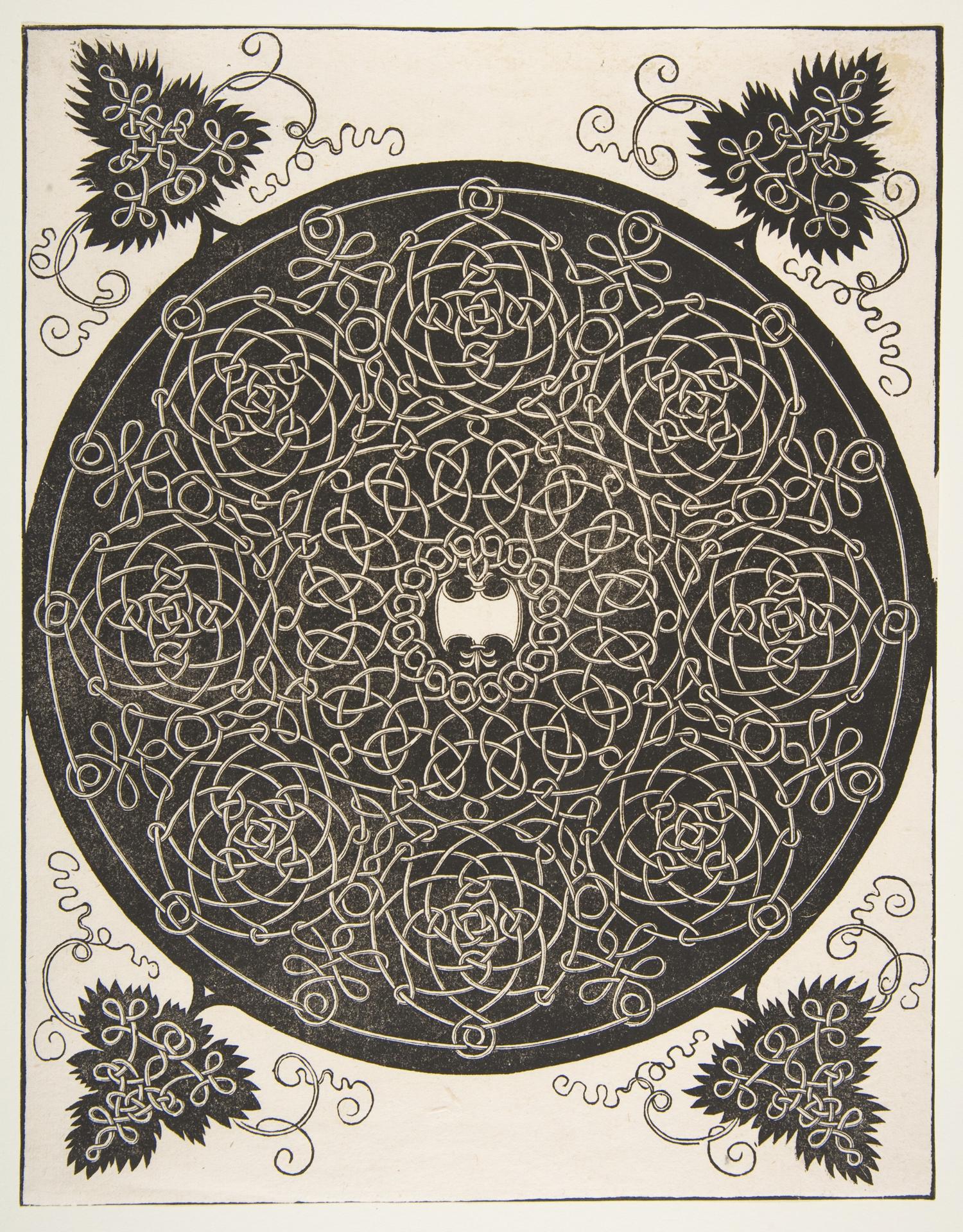 Albrecht Dürer — Der dritte Knoten. Verschlungenes Rundmedaillon mit acht Kränzen und einem muschelförmigen Schild in der Mitte
