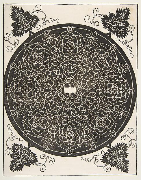 Albrecht Dürer — Der dritte Knoten. Verschlungenes Rundmedaillon mit acht Kränzen und einem muschelförmigen Schild in der Mitte