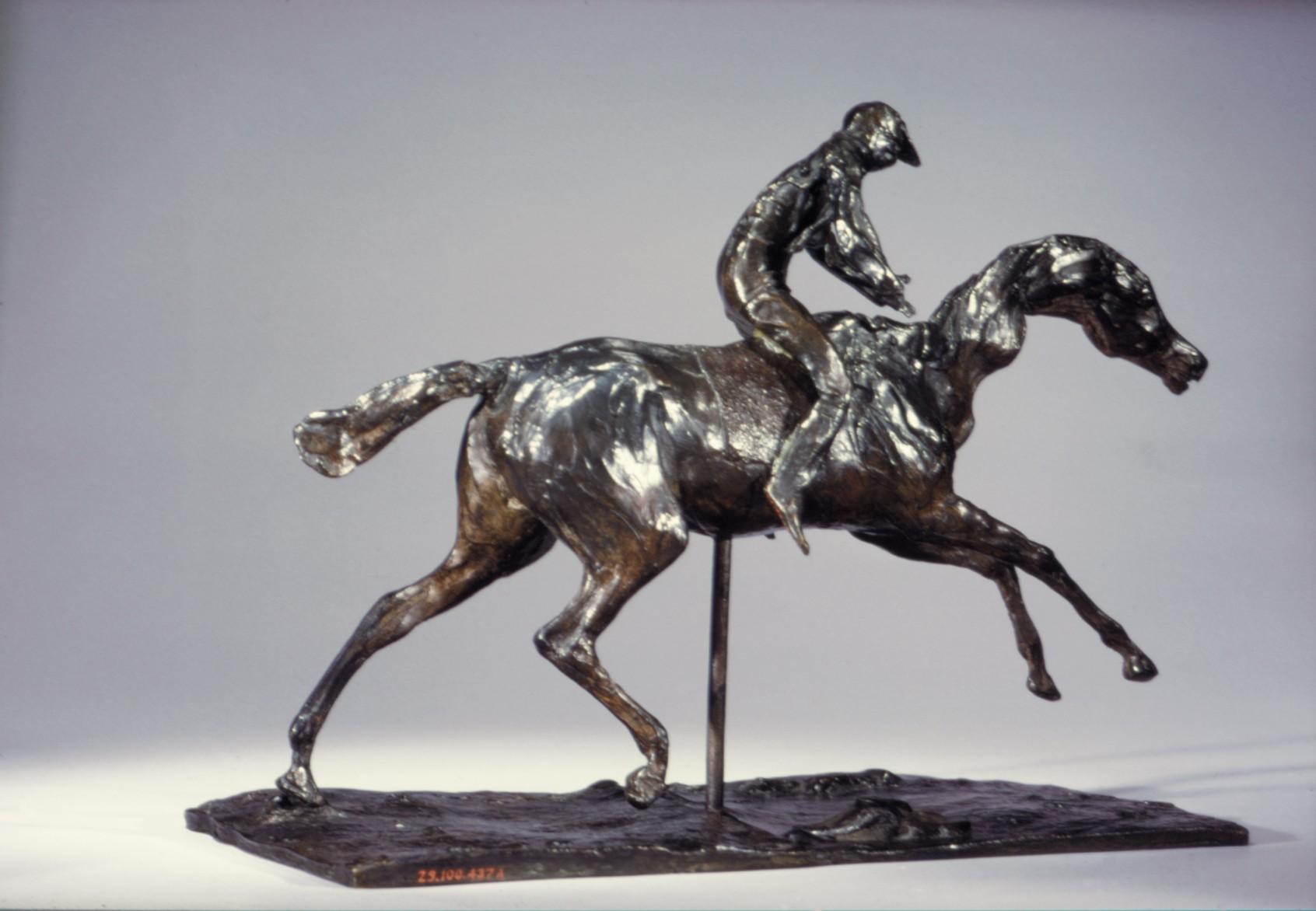 Edgar Degas — Pferd mit Jockey; Pferd im Galopp auf dem rechten Fuß, der hintere linke Fuß berührt nur den Boden
